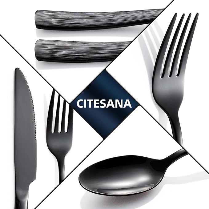 40-Piece Black Silverware Set for 8, CITESANA Heavy Duty Stainless Steel Flatware Set with Ripple Handles, Mirror Polished Kitchen Cutlery Set