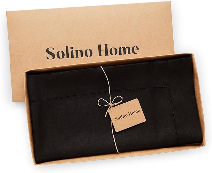 Solino Home Black Linen Tablecloth 52 x 52 Inch - 100% Pure Linen Square Table Throw - Classic Hemstitch, Machine Washable Table Cloth for Winter, Holiday