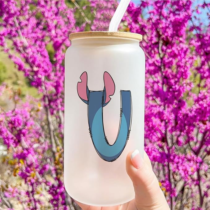 Cute Cartoon Lover Gifts Initial A-Z Personalized Iced Coffee Cup Cartoon Merch 16oz Glass Cup with Lid and Straws Birthday Christmas Gifts for Women Teen Girls Fans (Letter U)