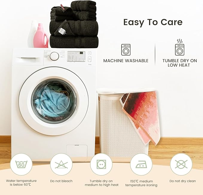 SEMAXE Solid 6-Piece Towel Set, Black, 600GSM 100% Cotton, 2 Each of Bath Towel, Hand Towel, and Washcloths, Gift Box Packaging, Hanging Loop Design