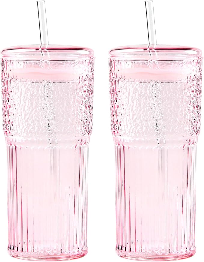GOSCHE Glass Coffee Cups with Lids and Straws, 20oz Drinking Jar Glass Tumbler for Iced Coffee, Vintage Ripple Glassware Smoothie Cups, Pink, 2Pcs