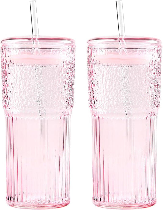 GOSCHE Glass Coffee Cups with Lids and Straws, 20oz Drinking Jar Glass Tumbler for Iced Coffee, Vintage Ripple Glassware Smoothie Cups, Pink, 2Pcs