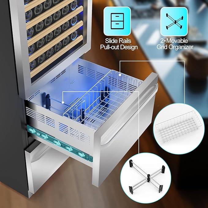 24 Inch Wine and Beverage Refrigerator, 2 IN 1 Dual Zone Drawer Beverage Fridge Wine Cooler, Built-in or Freestanding Beverage Cooler with Powerful Compressor, Holds 108 Bottles and 150 Cans