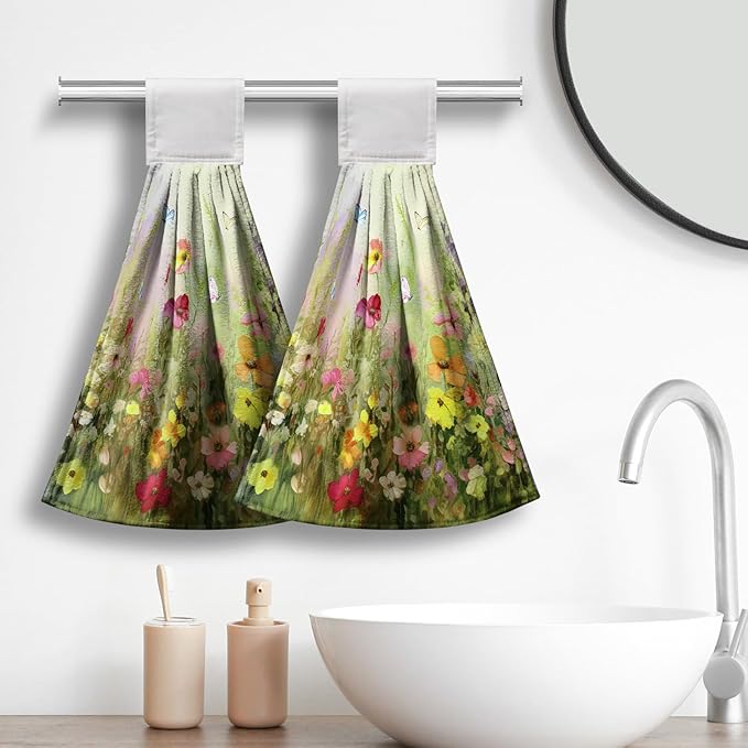 Spring Flowers Hanging Kitchen Towel with Loop 2 Pcs Wild Floral Hand Tie Towel for Bathroom Summer Green Haning Dish Towels Soft Absorbent for Kitchen Bathroom Home Decor Aceesories