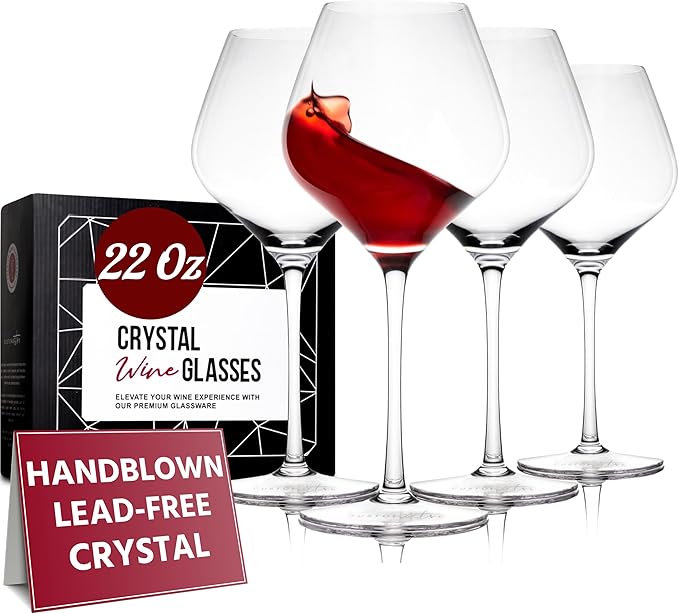 Gusto Nostro Crystal Wine Glasses Set of 4, 22 Oz Long Stem Modern Wine Glasses for White and Red Wine, Dishwasher Safe, Fancy, Elegant, Large and Tall Wine Glass for Wedding Christmas Anniversary