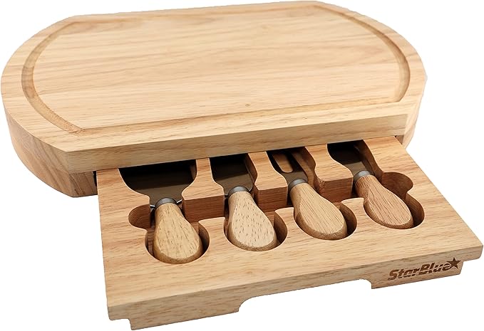 Cheese Board Set by StarBlue - Large - with 4 Knives and Slide Out Drawer | Large Oak Wooden Cheese and Platter Cutting Serving Plate Tray | Best for Housewarming and Birthday Gift
