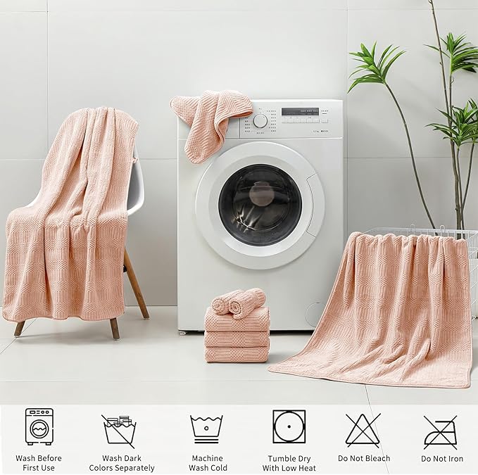 18 Pcs Pink Woven Family Towels Set-6 Bath Sheets,6 Hand Towels,6 Washcloths Soft Polyester Towels Absorbent Shower Towel Quick Dry Beach Chair Towel Lint Less Towels Set for Bathroom Spa Gym Hotel