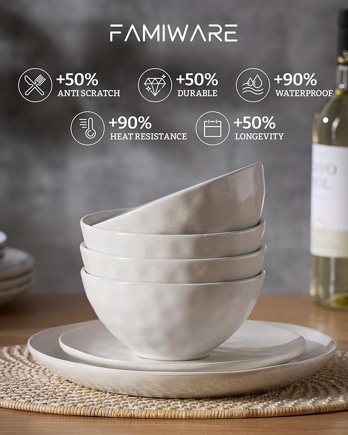 Famiware Dinnerware Sets for 4, Ocean Round 12-Piece Kitchen Plates and Bowls Sets, Microwave and Dishwasher Safe, Scratch Resistant, Matte White