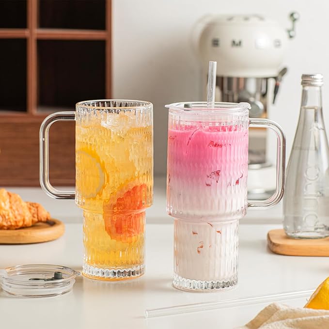 INSETLAN 26oz Raindrop Glass Tumbler with Handle and Lid, Set of 2 – Reusable Iced Coffee Cups with Lids, Clear Glass Cups with Straw for Coffee, Smoothies, Tea, Juice – Perfect for any Occasion