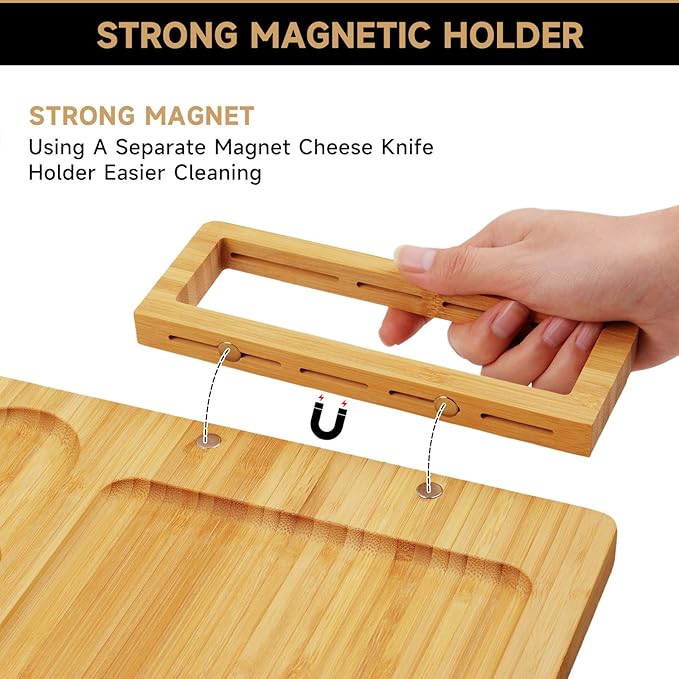 Bamboo charcuterie boards Gift Set - Serving Meat Cheese Board, Charcuterie Board Set with 4 Stainless Steel Cheese Knife, Ideal for House Warming Gifts New Home, Christmas, Bridal Shower Gift