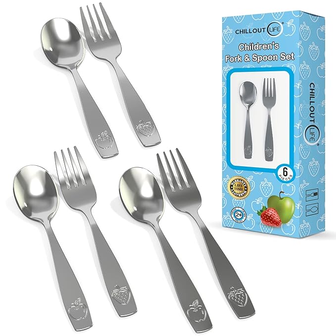 CHILLOUT LIFE Stainless Steel Kids Silverware Set 6 Pieces - Child and Toddler Safe Flatware - Kids Utensil Set - Metal Kids Cutlery Set (Includes 3 Small Kids Spoons & Kids 3 Forks)