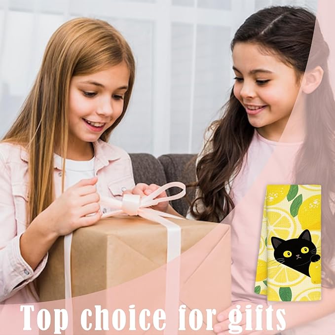 Yellow Lemon Black Cat Gifts Kitchen Dish Towels Set of 2, Farmhouse Summer Fruit Decorative Hand Towels for Bathroom, Cat Lovers Mom Gifts Dish Tea Towel for Kitchen Bathroom, 16x24 Inch