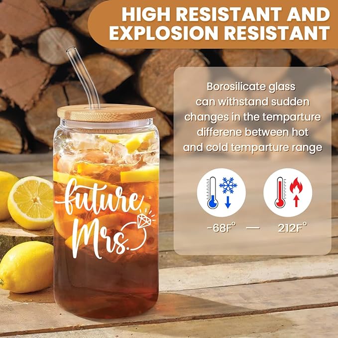 SANDJEST Future Mrs Glass Coffee Cup 16 Oz with Bamboo Lid and Straw - Bridal Shower Gift - Engagement & Bachelorette Gifts for Bride