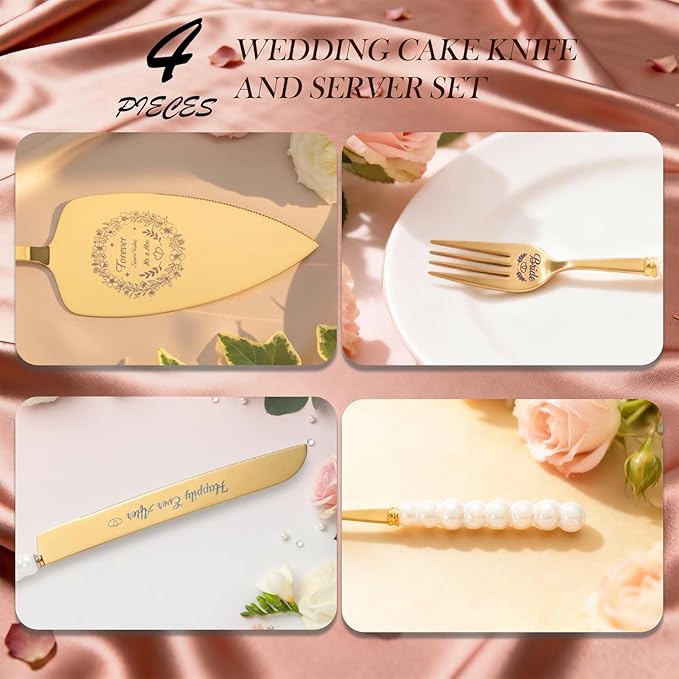 4 Piece Wedding Cake Cutting Set, Knife and Server with Forks, Elegant Wedding Cake Knife and Server Set for Bride and Groom(Pearl Handle Gold)
