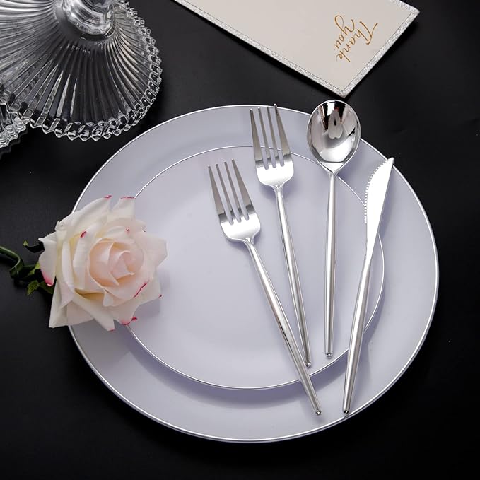 SUT 150Pcs Silver Plastic Silverware, Silver Disposable Cutlery, Heavy Duty Disposable Silverware, Plastic Utensils Include 50 Plastic Forks, 50 Plastic Spoons, 50 Plastic Knives