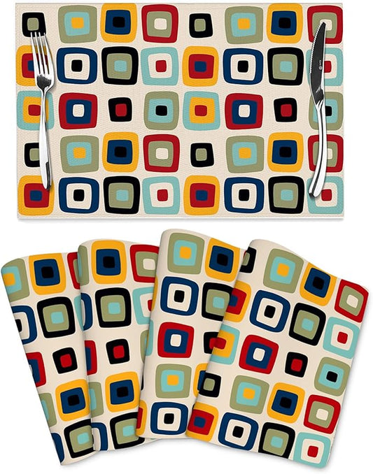 Mid Century Modern Retro Placemats Set of 4 Linen 12"x18" Vintage Decorative Kitchen Table Mats for Dining Outdoor Holiday Party Farmhouse Home Decor Washable Place Mats