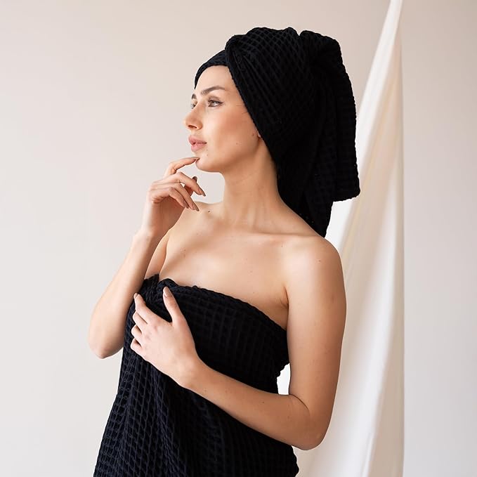 Premium Black Waffle Bath Towels Pack of 2 Extra Large 35x71 inch - 100% Turkish Cotton, Waffle Weave, Quick Dry, Lint Free, Oversized, Thin Bath Sheet Towel (Black, Set of 2 Bath Towels)
