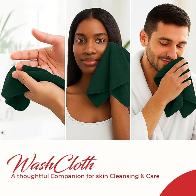 RIVERSIDE 12 Pack Washcloths - 12x12 Inches, 400 GSM, 100% Ring-Spun Cotton - Soft, Absorbent & Durable Face and Body Towels - for Bathroom, Spa, Gym, Makeup Removal & Everyday Use - Hunter Green