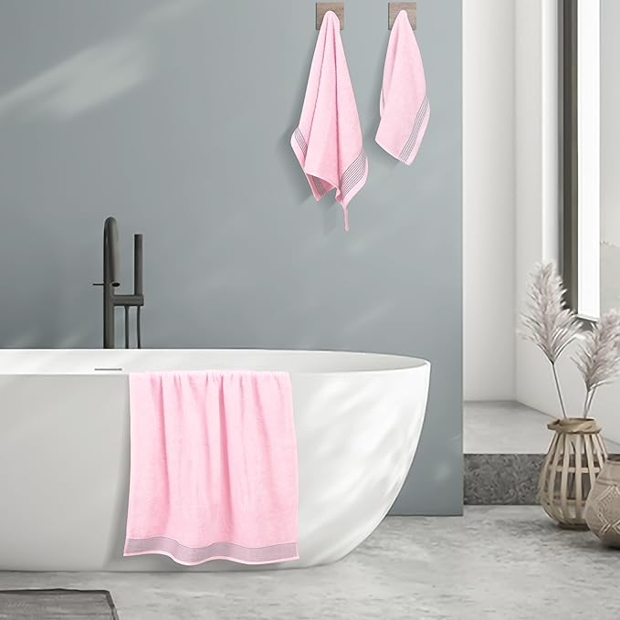 Belizzi Home Ultra Soft 3 Pack Cotton Towel Set, Contains a Bath Towel 28x55 inch, a Hand Towel 16x24 inch & a Wash Coth 12x12 inch, Ideal Everyday use, Compact & Lightweight -Pink