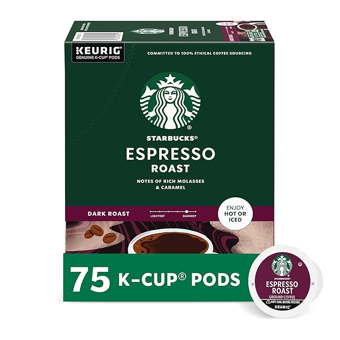 Starbucks K-Cup Coffee Pods, Dark Roast Coffee, Espresso Roast for Keurig Coffee Makers, 100% Arabica, 1 Box (75 Pods)