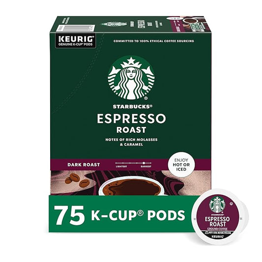 Starbucks K-Cup Coffee Pods, Dark Roast Coffee, Espresso Roast for Keurig Coffee Makers, 100% Arabica, 1 Box (75 Pods)