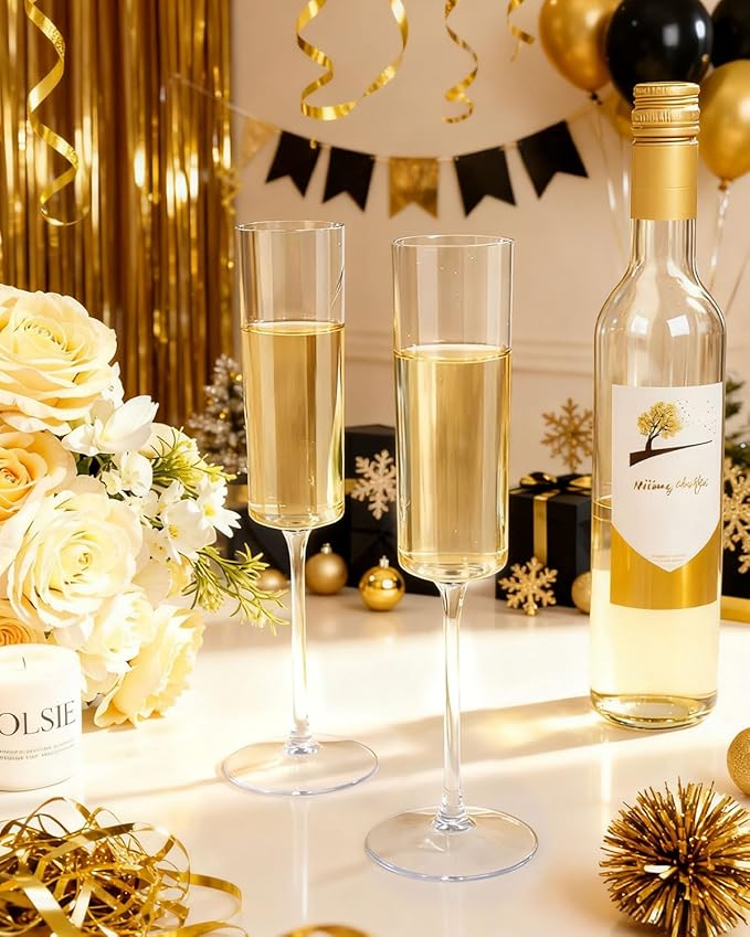 Ciaell 24 Pack Plastic Champagne Flutes - Clear 6 Oz Disposable Champagne Glasses - Square Plastic Toasting Glasses for Party Birthday Anniversary Wedding Christmas New Year