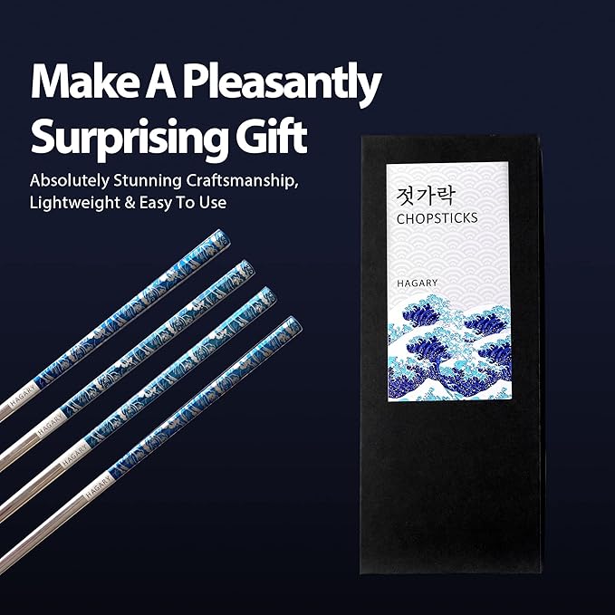Hagary Blue Wave Chopsticks 2 Pairs Metal Chopsticks Reusable Designed In Korea Japanese Style Stainless Steel 316 18/10 Non-Slip Dishwasher Safe