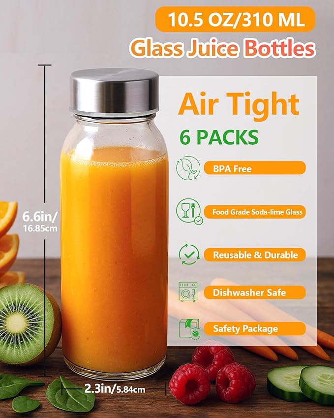 Zukro Glass Water Bottles with Lids 10.5 oz, 6 Pack Clear Reusable Glass Small Juice Bottles With Stainless Steel Cap for Juicing, Milk, Ginger Shot, BPA-Free Leak Proof 300ml Drinking Container Jar