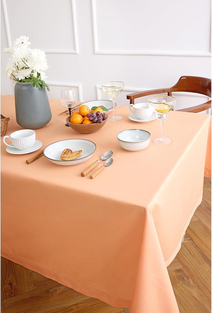 Solino Home Cotton Linen Tablecloth for Rectangle Tables 58 x 84 Inch - Hemstitch Peach Bloom Table Cloth - Machine Washable Cloth Tablecloth