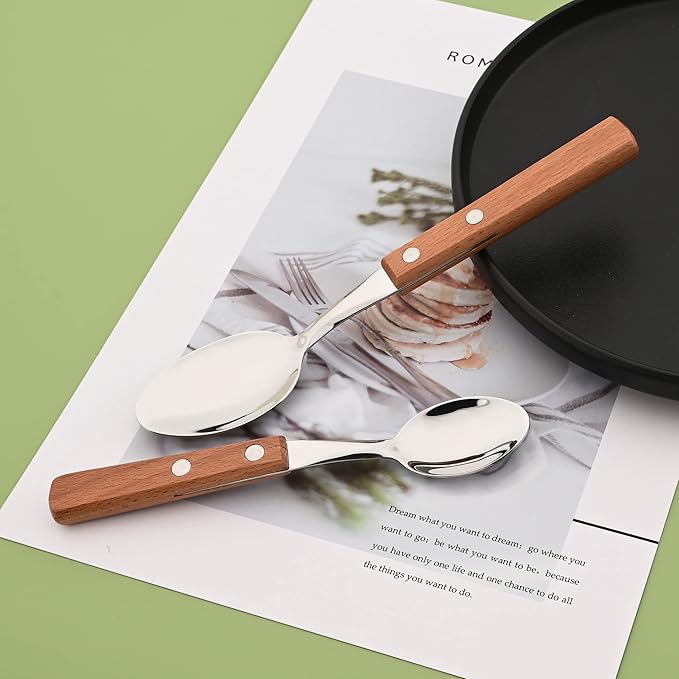 8-Piece Espresso Spoons, 304 Stainless Steel Flatware Set with Wooden Handle, Small Spoons for Dessert, Tea, Appetizer, Coffee, 6.3 inches