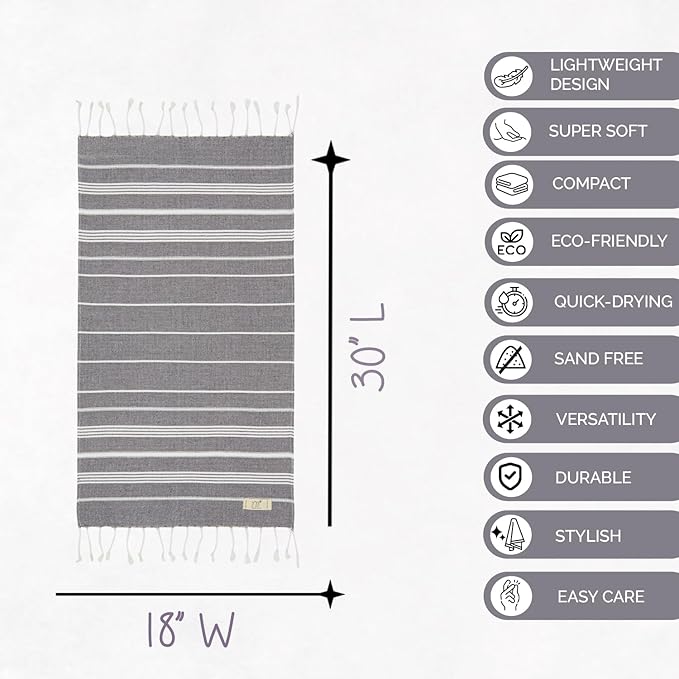 Hand Towels - Set of 2, 18" x 30" inches, Cotton, Decorative Peshtemal Cotton Hand Towels for Kitchen, Bath, Guest, Face, Hair, Gym, Yoga, Dishcloth, Travel (Anthracite)