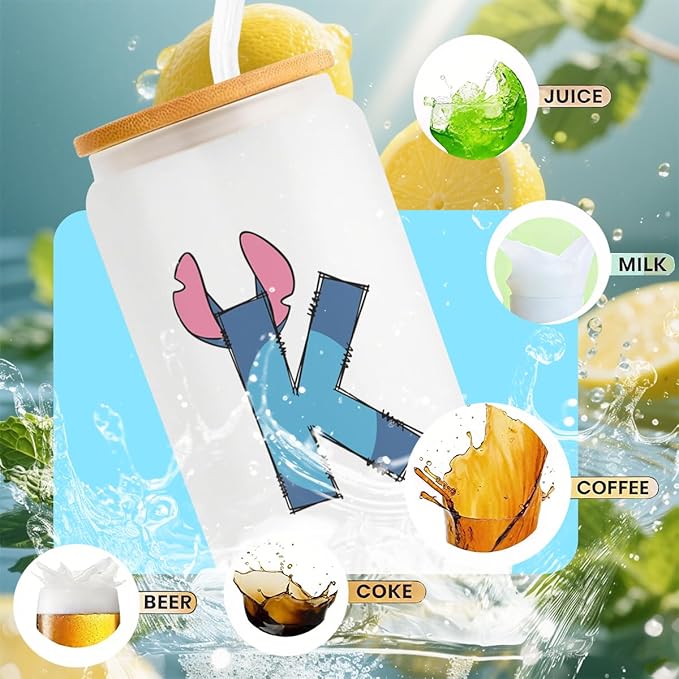 Cute Cartoon Lover Gifts Initial A-Z Personalized Iced Coffee Cup Cartoon Merch 16oz Glass Cup with Lid and Straws Birthday Christmas Gifts for Women Teen Girls Fans (Letter K)