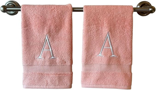 Pink Initial Hand Towel for Bathroom - Monogrammed Luxury Hotel Quality Decorative Embroidered Towel for Powder Room, Spa - GOTS Organic Certified - Set of 2 Letter A