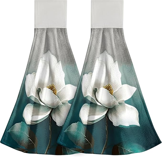 Giwawa White Floral Hanging Kitchen Towels 2 Pieces Turquoise Leaf Tie Towels Hand Towel Soft Absorbent WashCloth for Bathroom Tabletop Laundry