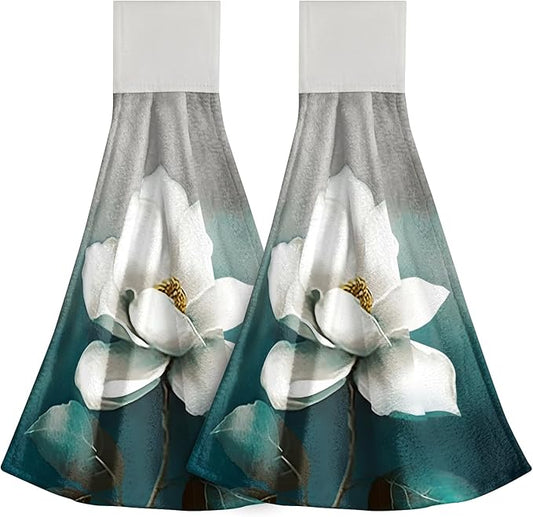 Giwawa White Floral Hanging Kitchen Towels 2 Pieces Turquoise Leaf Tie Towels Hand Towel Soft Absorbent WashCloth for Bathroom Tabletop Laundry