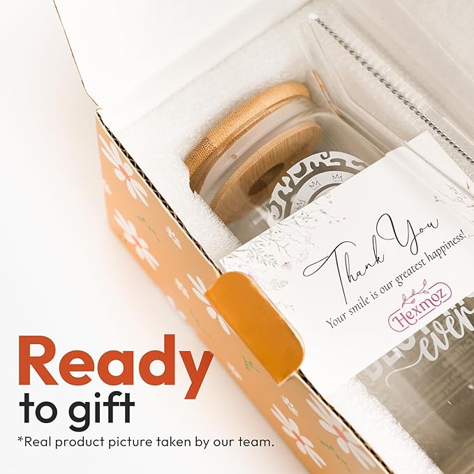 HEXMOZ Gifts for Mom from Daughter, Son, Kids - First Christmas Moms Gift for New Moms, Wife, Mama from Husband - Christmas Mom Gifts for Wife, Her - 16oz Glass Drinking Cup with Straw Gift Box