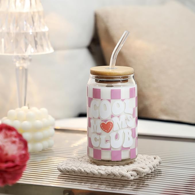 Christmas gift Mom Drinking Cup with Lid and Straw, 16oz Coffee Can Glass Cups, Cool Moms Club Cup from Daughter and Son, Christmas Birthday Present Ideas for Mother, New Moms, Mom To Be