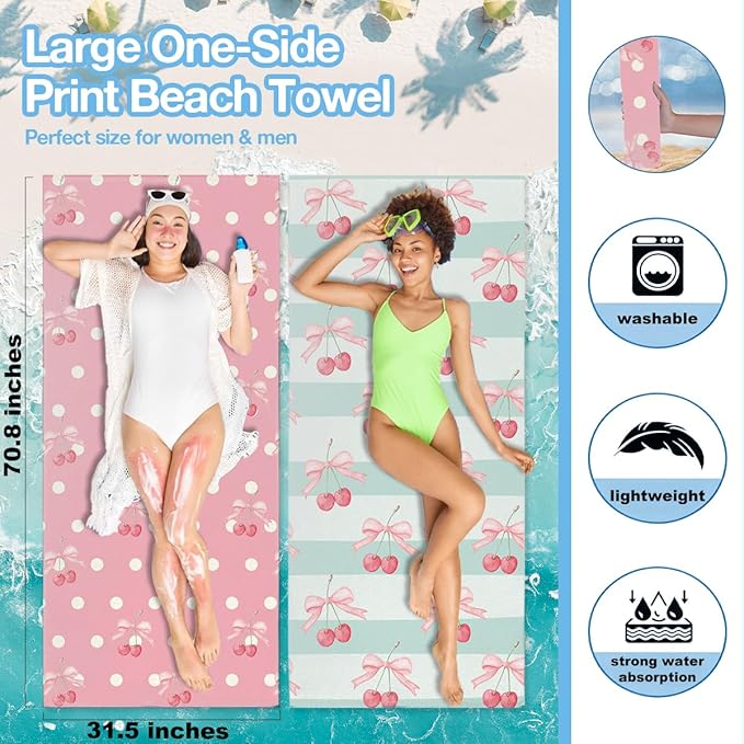 4 Pack Towels for Bathroom, Beach Towel, Microfiber Lightweight Beach Towels Oversized, Towel Accessories for Women Sister Thanksgiving Birthday Christmas Favors 32x71 IN, Cute Cherry Bow Lover Gift