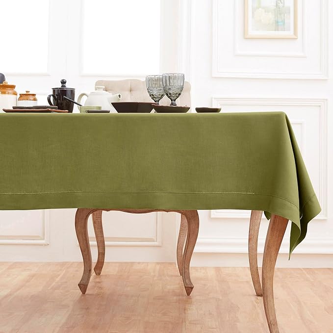 Solino Home Linen Tablecloth 60 x 90 Inch - Classic Hemstitch 100% Pure Linen Avocado Green Table Cloth for Rectangle Tables - Machine Washable Tablecloth for Winter