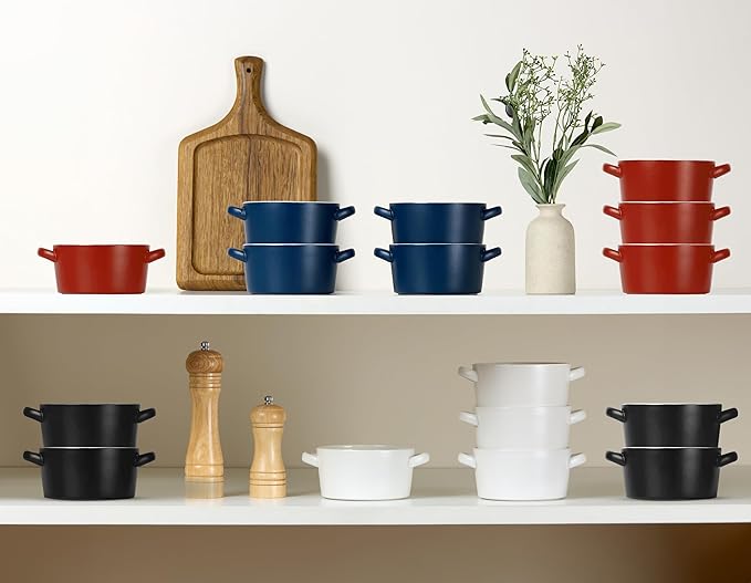 Kook Soup Crocks, Ceramic Stackable Bowls, Broil, Oven, Microwave and Dishwasher Safe, with Handles, For Casserole, Pasta, Cereal, Capacity 18 oz, Set of 4, (Matte Black)
