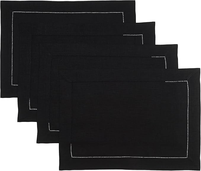 D'Moksha Homes Linen Placemats Set of 4 - Classic Hemstitch Black Placemats 14 x 19 Inch - 100% Pure Linen Table Mats for Winter, Holiday, New Year - Handcrafted and Machine Washable