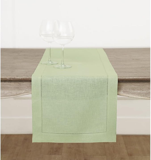 Solino Home Linen Sage Green Table Runner 108 Inches Long - 100% Pure Linen 14 x 108 Inch Table Runner for New Year - Classic Hemstitch