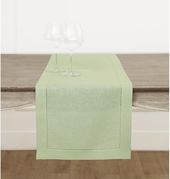 Solino Home Linen Sage Green Table Runner 144 Inches Long - 100% Pure Linen Extra Long Table Runner 14 x 144 Inch for New Year - Classic Hemstitch