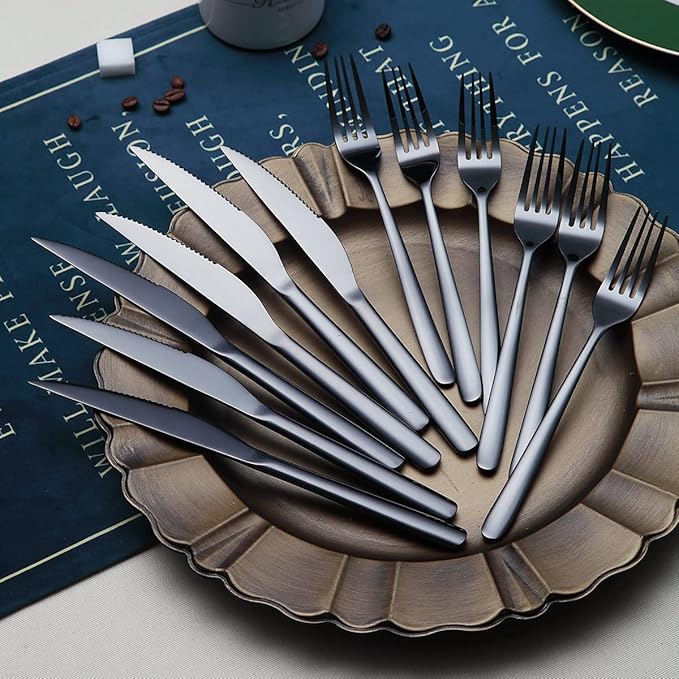 Black Steak Knives Set 12 Piece, Premium Stainless Steel 6 Dinner Forks and 6 Dinner Knives Set, Steak Knives Steak Forks for 6 Person, Dishwasher Safe (Shiny Black)