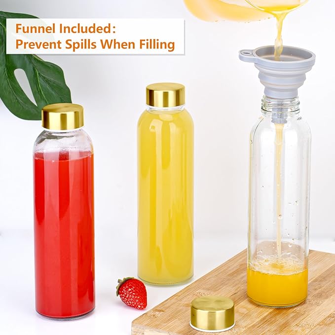 Zukro Glass Water Bottles with Lids 18 oz, Reusable Juice Bottles for Juicing, Leak Proof Juice Storage Containers for Fridge, Clear Drinking Jars With Stainless Steel Caps, BPA Free, Set of 12 Gold