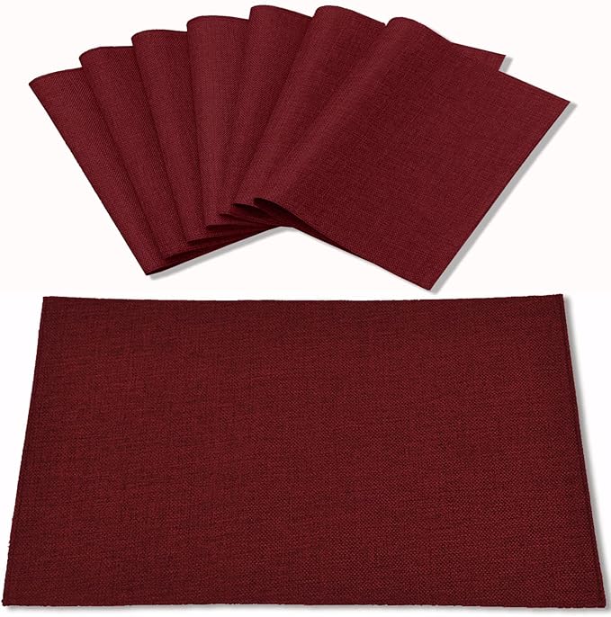 Cloth Burgundy Placemats Set of 8, Linen Type Fabric Placemats Machine Washable Heat Resistant Placemats Polyester Place Mats for Halloween, Thanksgiving and Christmas Dining Table (Burgundy)