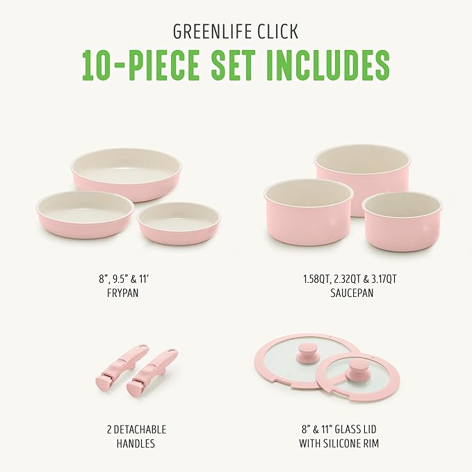 GreenLife 10 Piece Nonstick Pots & Pans Set, Detachable Handle & Stackable Cookware Set, Non Toxic PFAS-Free Skillets, Induction Kitchen Pans, Space Saving, Serving Bowls, Oven Safe, Light Pink