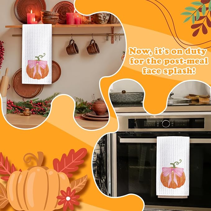Pumpkin Fall Kitchen Towels, Farmhouse Autumn Dish Hand Towels Microfiber Waffle Weave 16x23.5 Inch, Rustic Thanksgiving Halloween Fall Decor for Kitchen Bathroom-C09