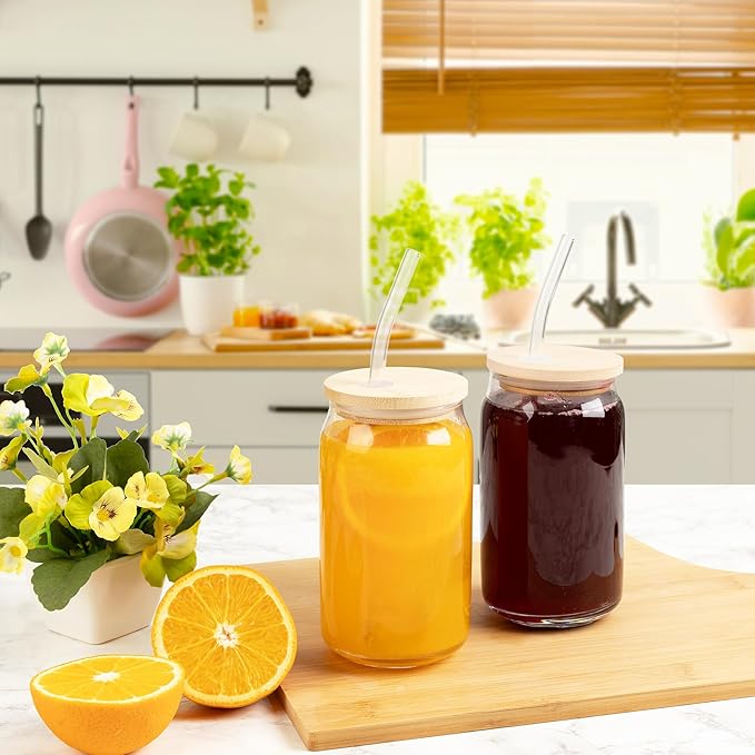 Glass Cups with Lids and Straws, 16 Oz - Set of 2 Reusable Iced Cold Coffee Tumblers - Clear Glass Bottle for Water with Bamboo Lids