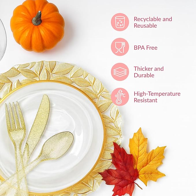 Prestee 180-Piece Gold Plastic Silverware Set - Durable Plasticware Includes 60 Forks, 60 Knives, 60 Spoons - Fancy, Disposable Plastic Utensils and Flatware for Weddings, Parties, and Holidays